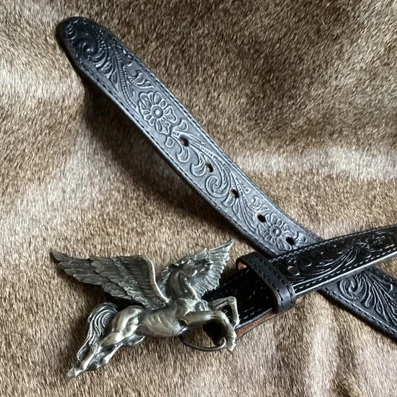 Vintage Bergamot Brass Works Pegasus Belt Buckle Tooled Black Leather Belt